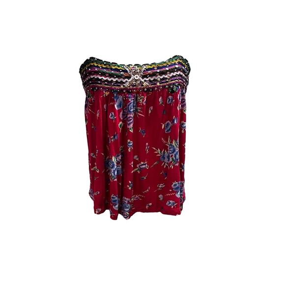 Free People Shoulder Ties Boho Red Multicolor Floral Sequin Beaded Tank Sz Med - Picture 12 of 16